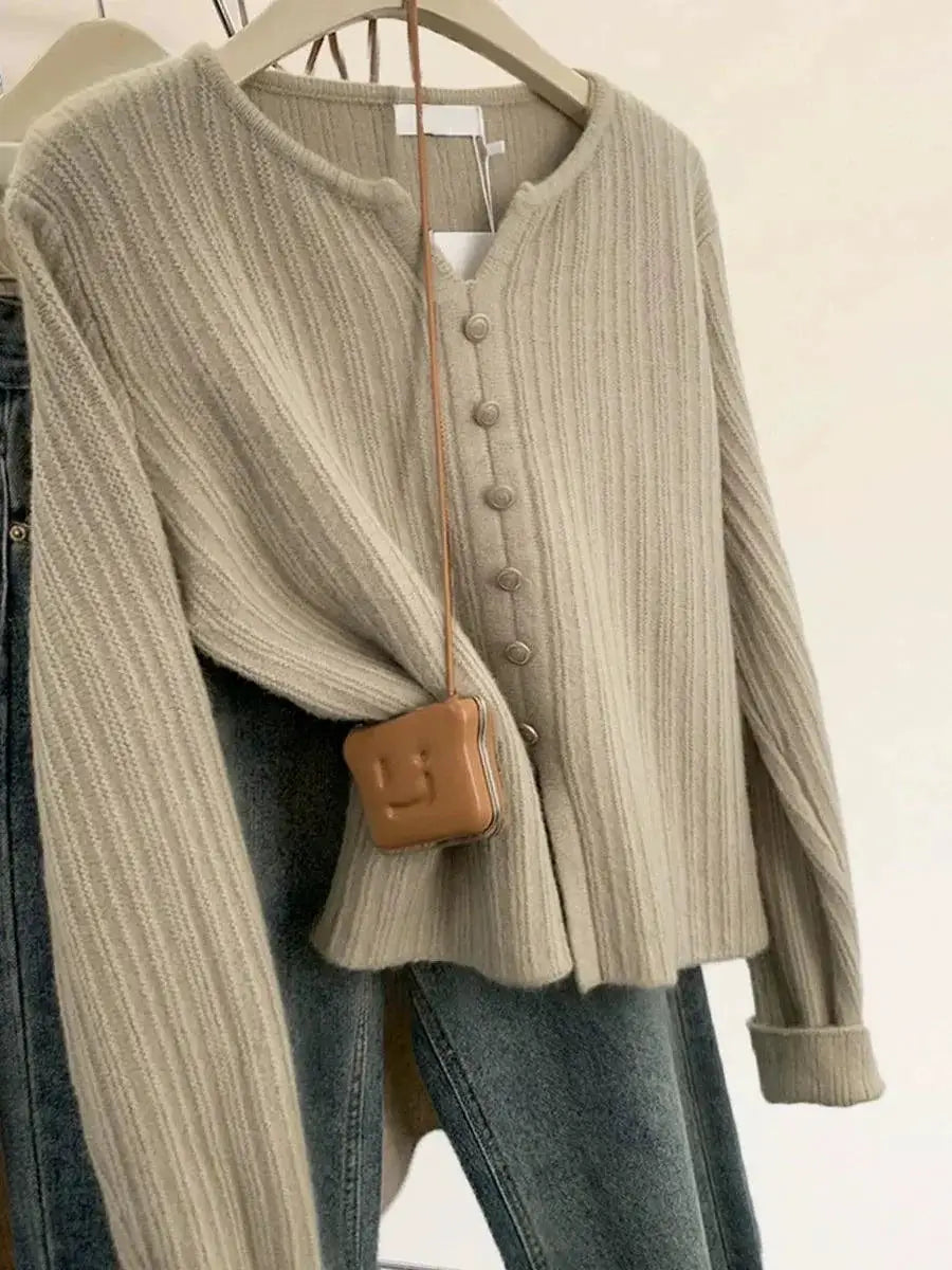 Cozy Oatmeal V Neck Split Sweater Winter Fashion Essential