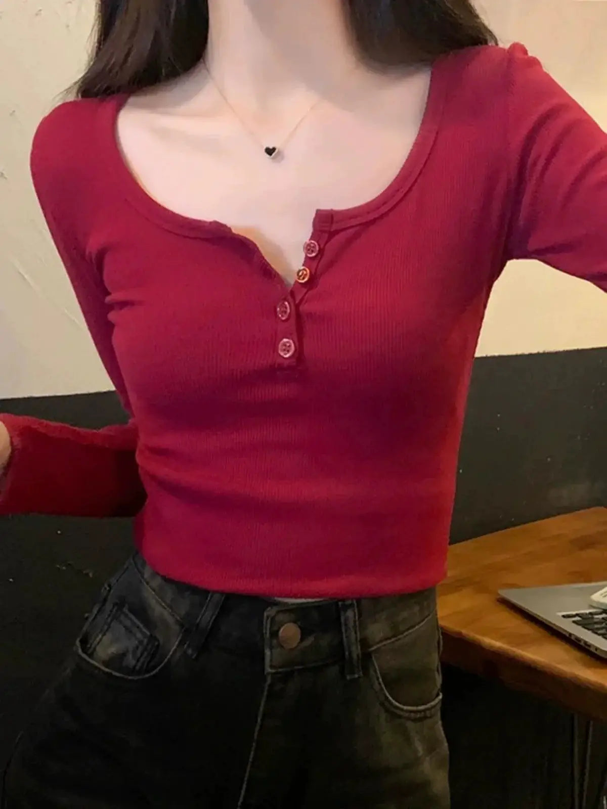 Half Open Collar Cotton Top T Shirt For Autumn Fashion