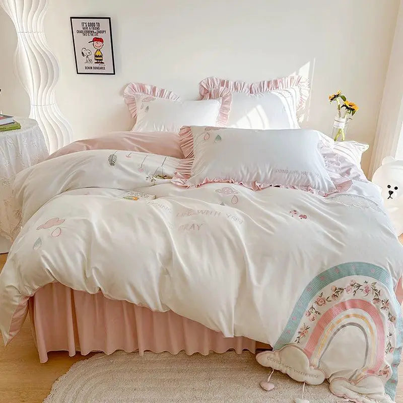 Princess Style Bed Four Piece Set Pure Cotton Pink Dream