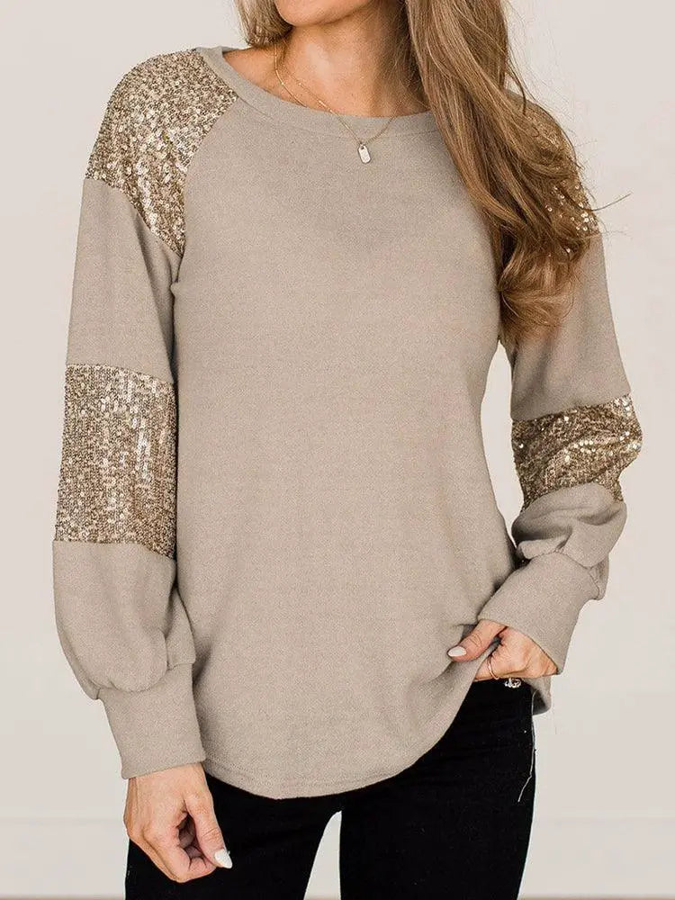 Fall Winter Sequin Long Sleeves Casual Women T Shirt
