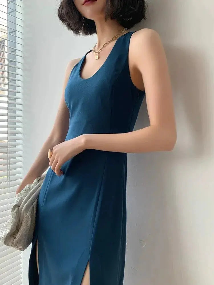 Blue Slim Fit Summer Vest Dress Elegant Womens Fashion