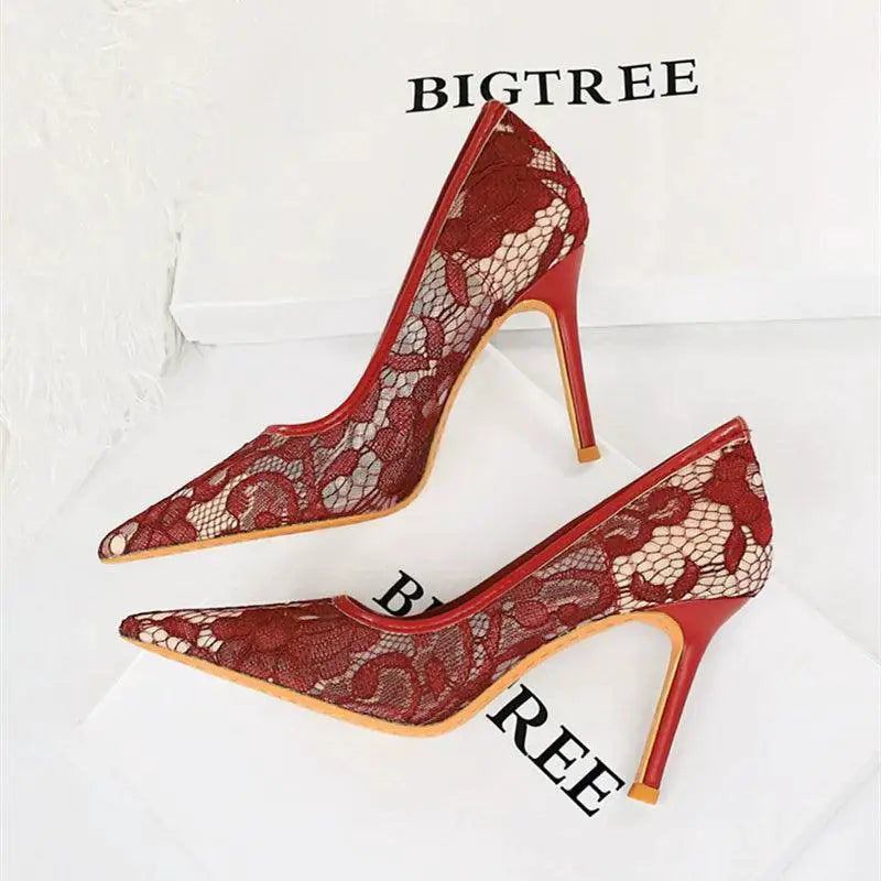 Elegant Lace Up High Heels Chic Hollow Mesh Design