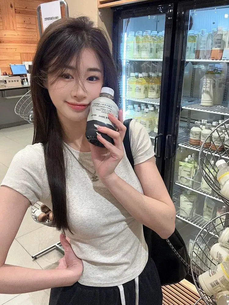 White Korean Style Slim Fit Short Sleeve Top Summer Fashion