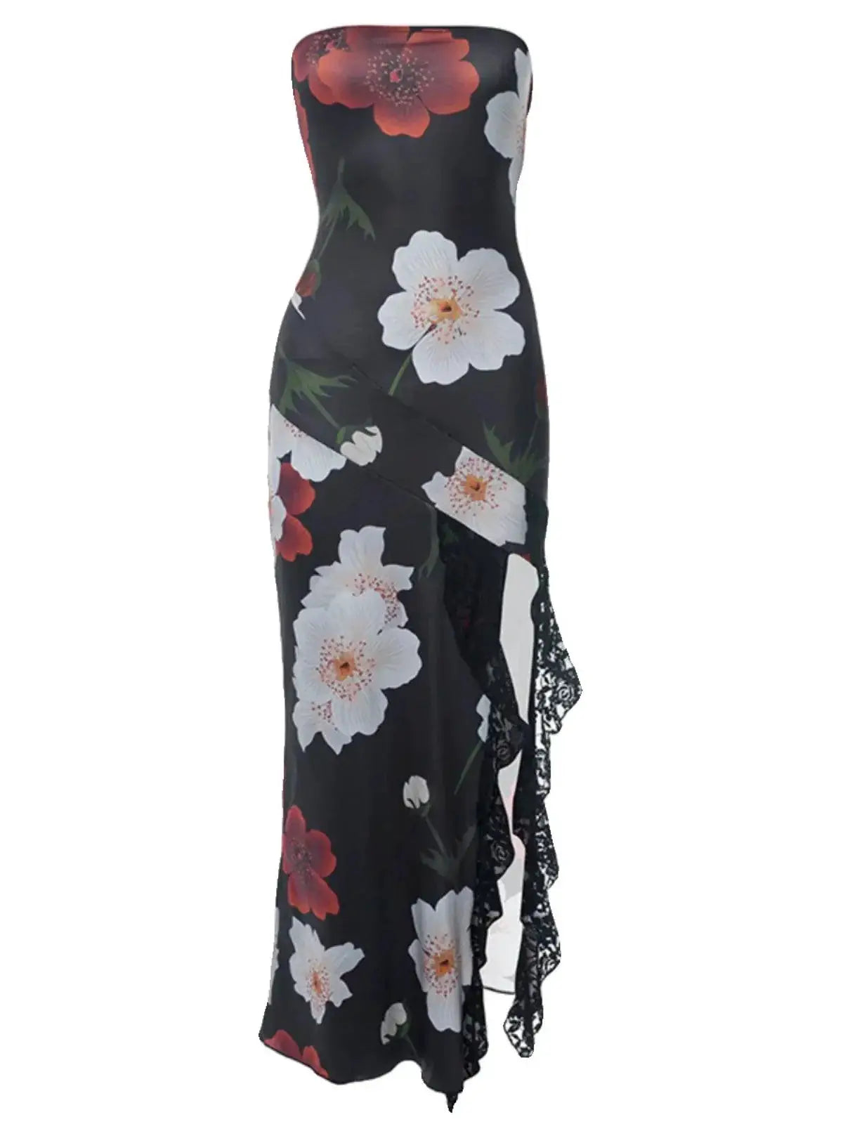 Lady Wind Floral Print Tube Top Dress With Lace Detail