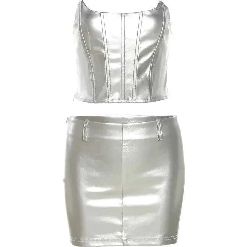 Cool Patchwork Fishbone Tube Top Skirt Set Summer Fashion