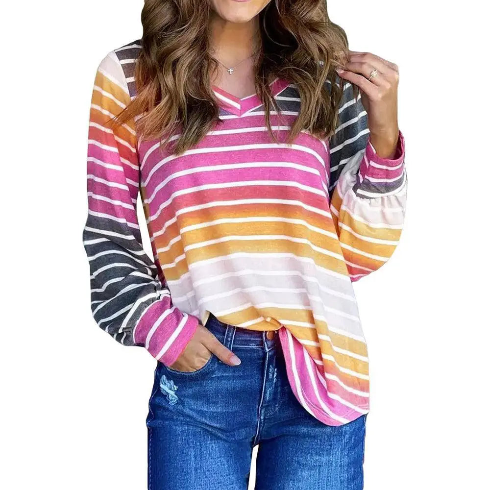 Fall Winter Color Stripes Thin V Neck Long Sleeves T Shirt
