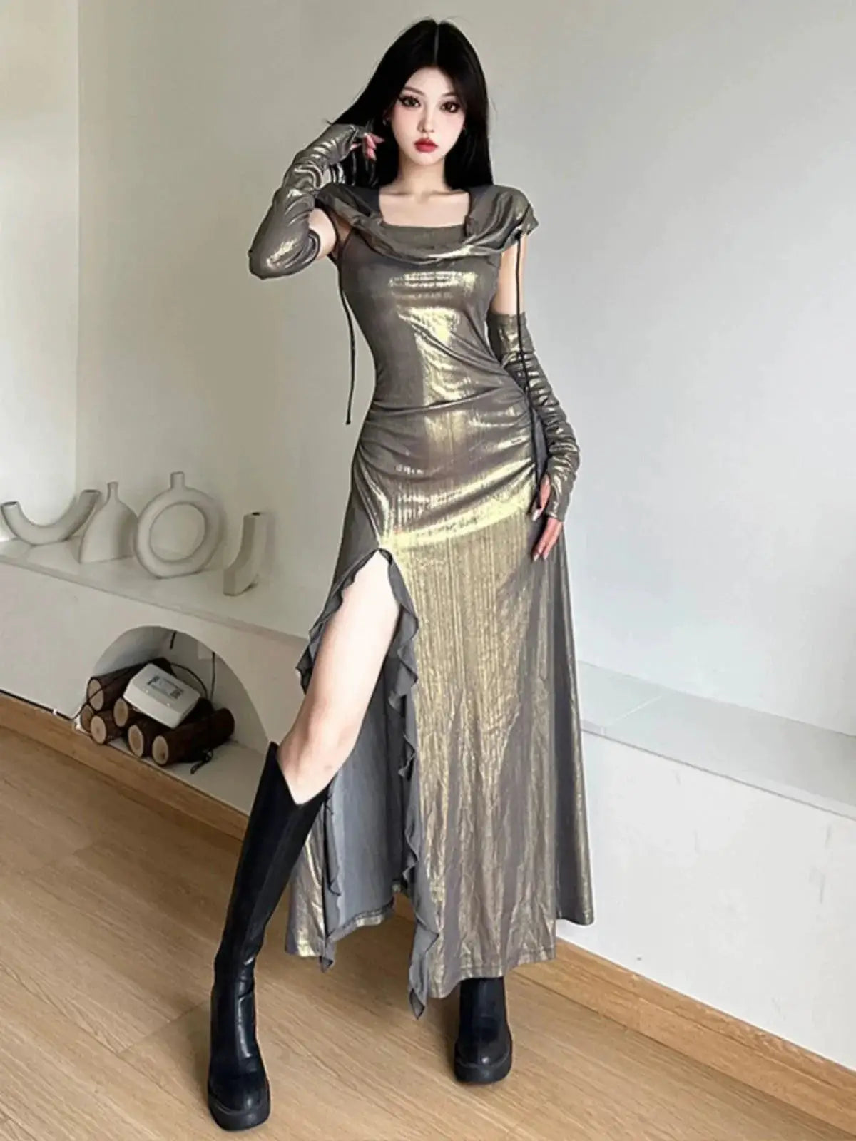 Kliou Glossy Swing Tie Dress for Elegant Summer Fashion