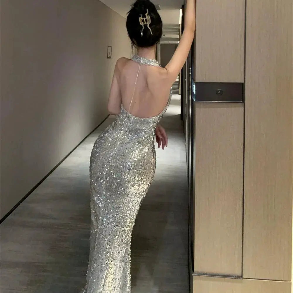 Silver Sequin Evening Gown V Neck Glam Dress for Events