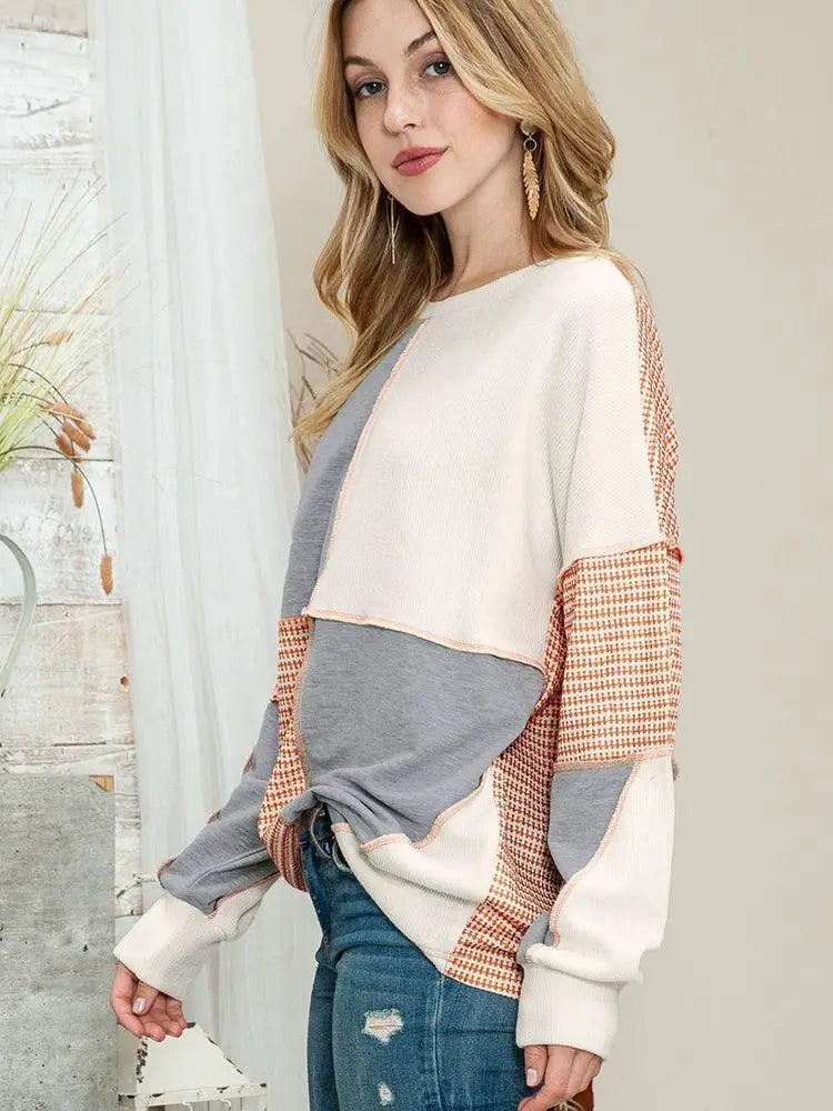 Women Color Block Patchwork Round Neck Pullover T Shirt