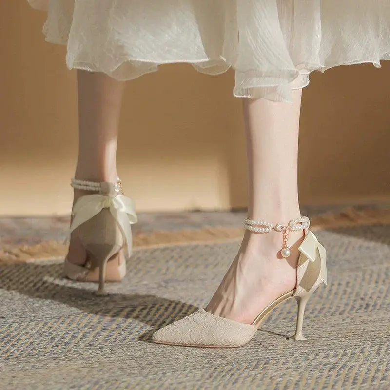 Fairy Pearl Stiletto Heels With Toe Cap For Wedding Shoes