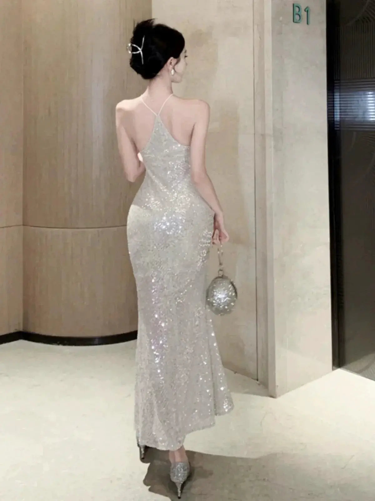 Elegant Silver Fishtail Evening Gown Glamorous Sequin Dress