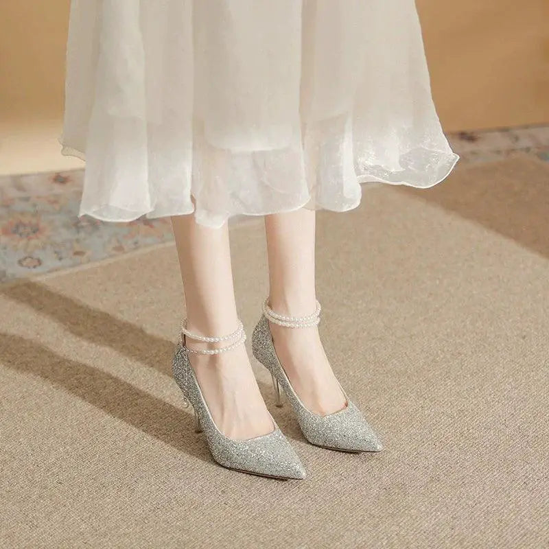 French Gold Ankle Strap High Heels For Elegant Parties