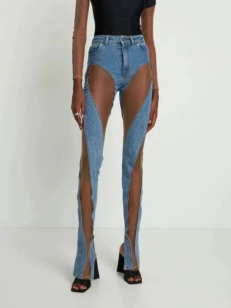 Mugler Spiral Mesh Low Waist Denim Pants