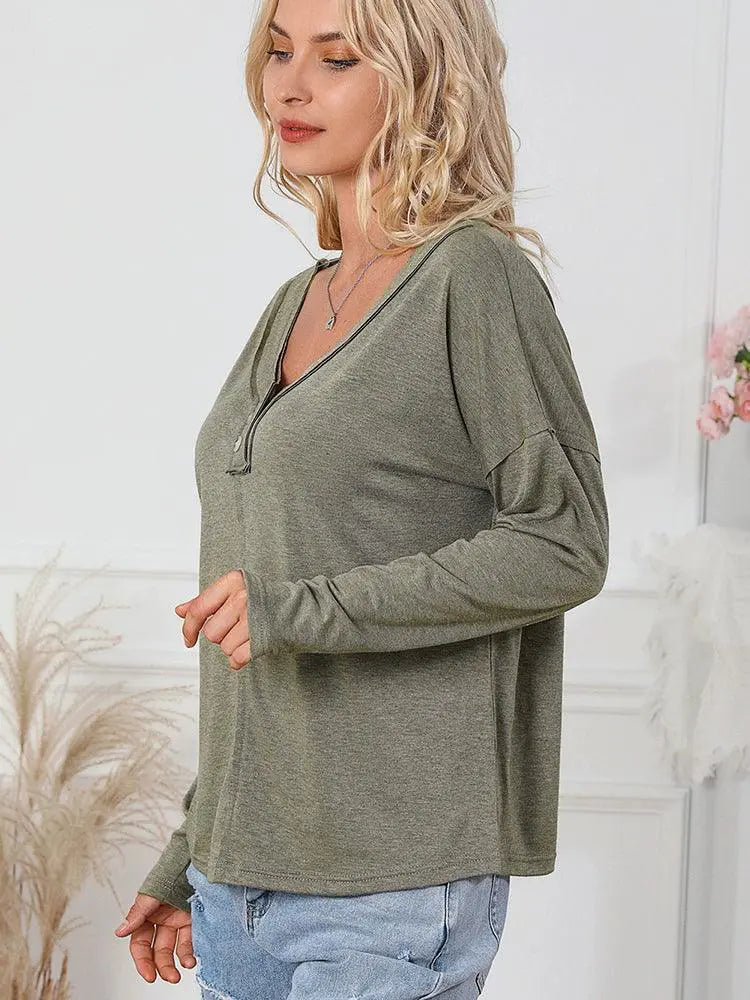 Fall 2024 Pure Color Long Sleeve V Neck Top For Women