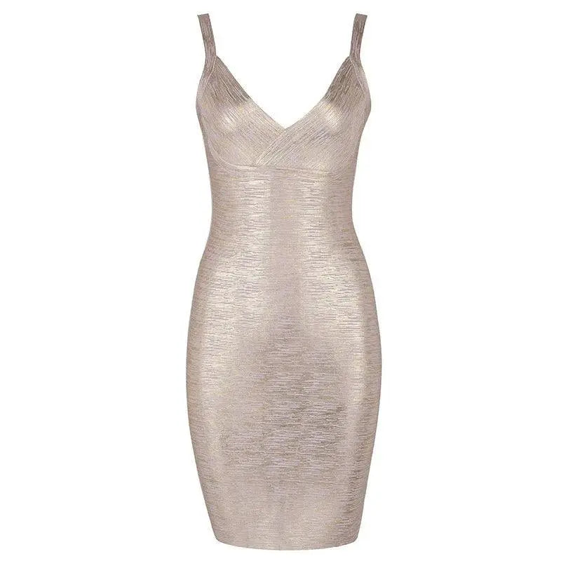 Glamorous Gold V Neck Evening Dress For Party Style