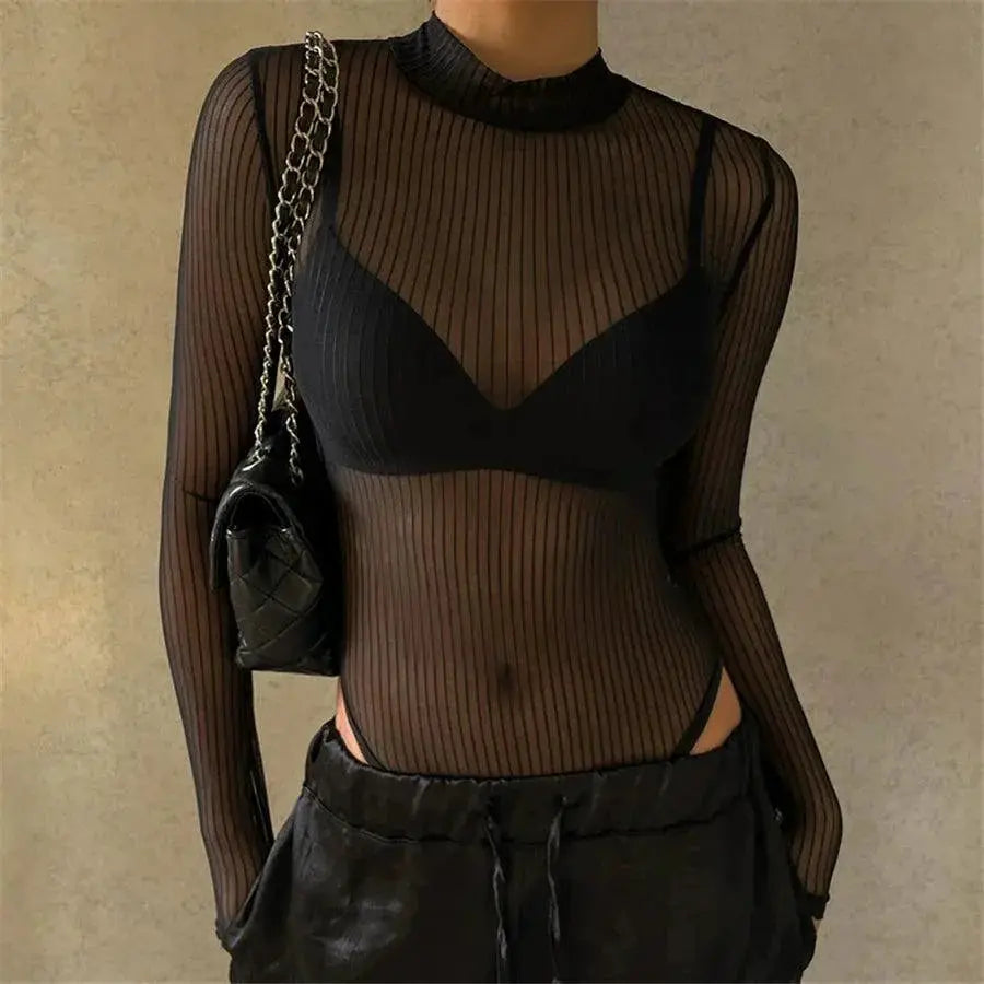 Chic Vertical Stripe Mesh T Shirt Trendsetting Autumn Style