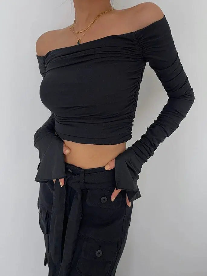 Elegant Mesh Yarn Off Shoulder Top For Autumn Fashion