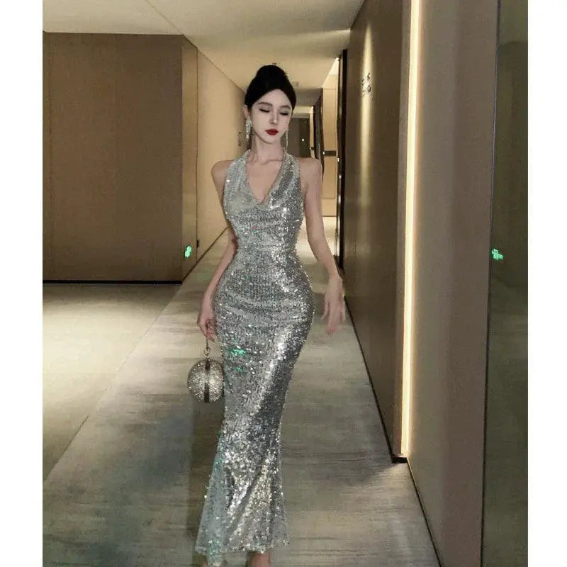 Silver Sequin Evening Gown V Neck Glam Dress for Events