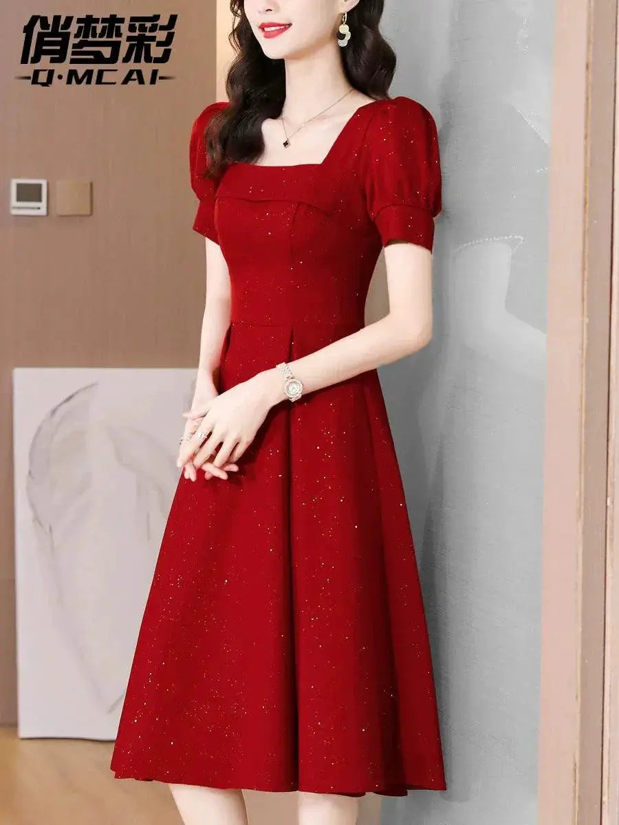 Elegant Summer Dress High Waist Flare Square Neck Glam