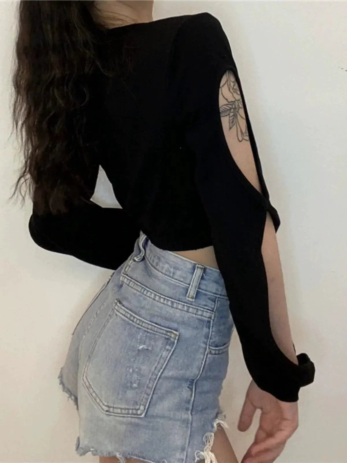 Gagaopt Black V Neck Top With Trendy Cutout Sleeve