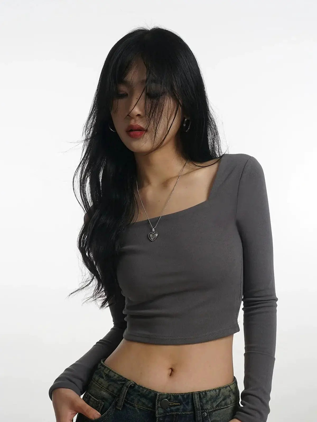 Square Neckline Long Sleeve Tee Urban Chic Fashion Statement