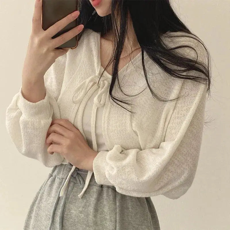 White Lace-Up Lantern Sleeve Cardigan Korean Style Staple