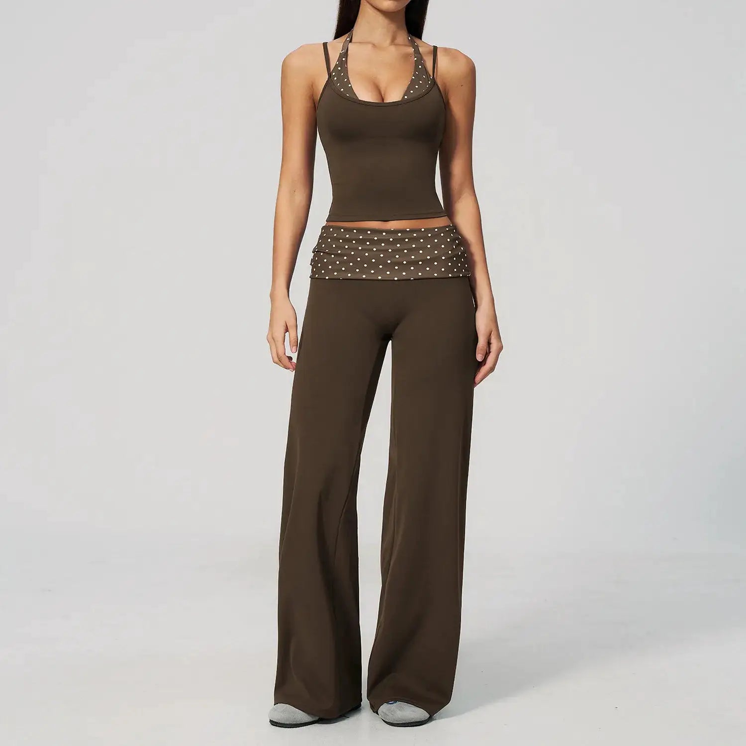 Women's 2 Piece Yoga Set Halter Neck Crop Top Fold Over Waist Wide Legged Flare Trousers Polka Dot Striped Gym Workout Running