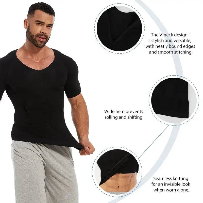 Slimming V Neck T Shirt for Men Tummy Control Fitness Tee