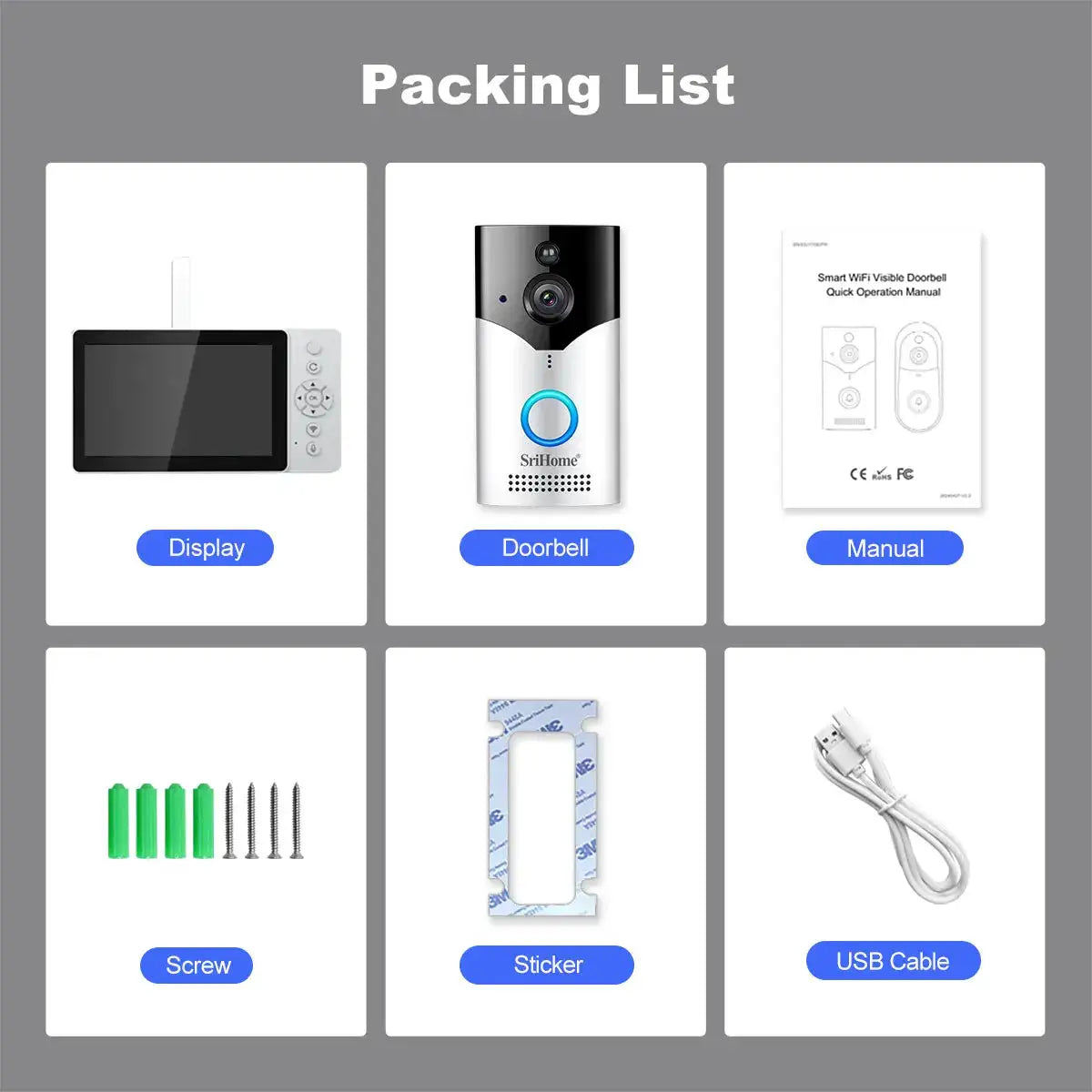 Srihome 4MP HD 5Inch Display Doorbell System Remote Phone Monitoring 5000mAh Video Intercom Night Vision Smart Wireless Doorbell