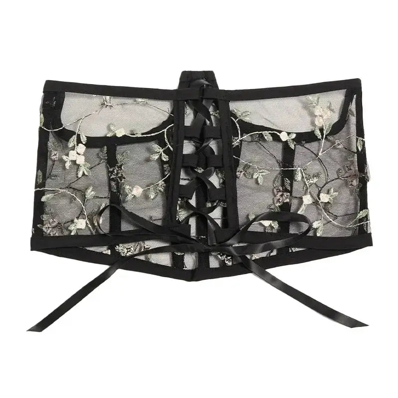 Floral Embroidery Black Corset High Waist Shaper Harajuku