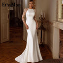 White Satin Mermaid Wedding Dress With Lace Appliques Train