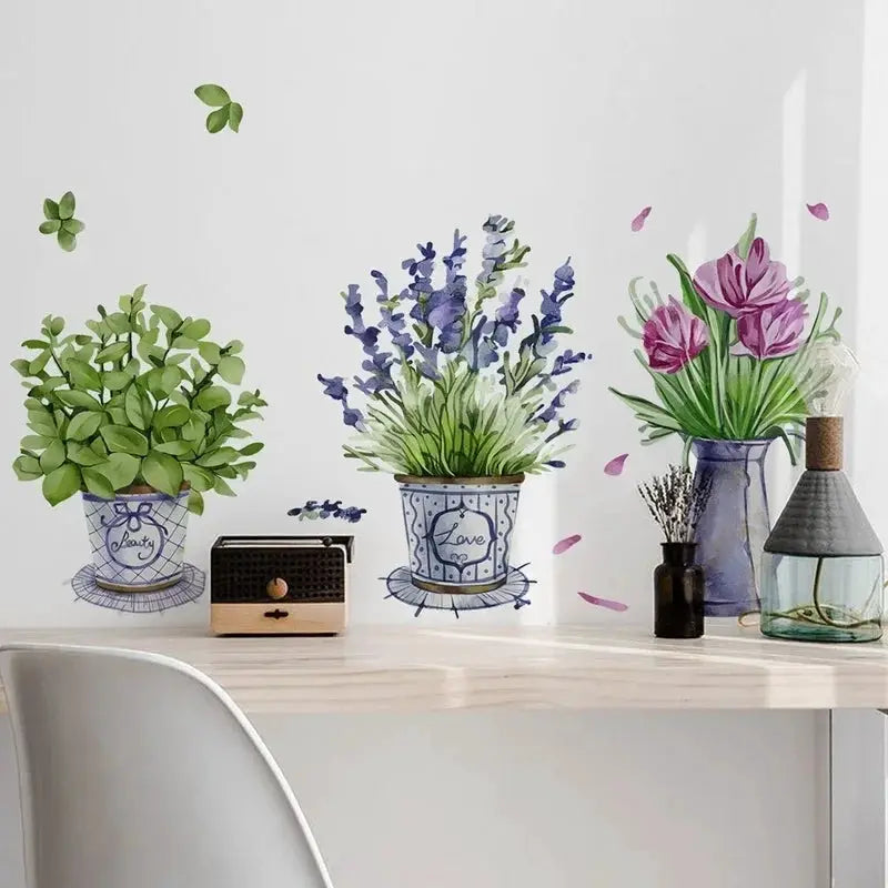 3Pcs Watercolor Flower Pots Wall Sticker Kitchen Decor