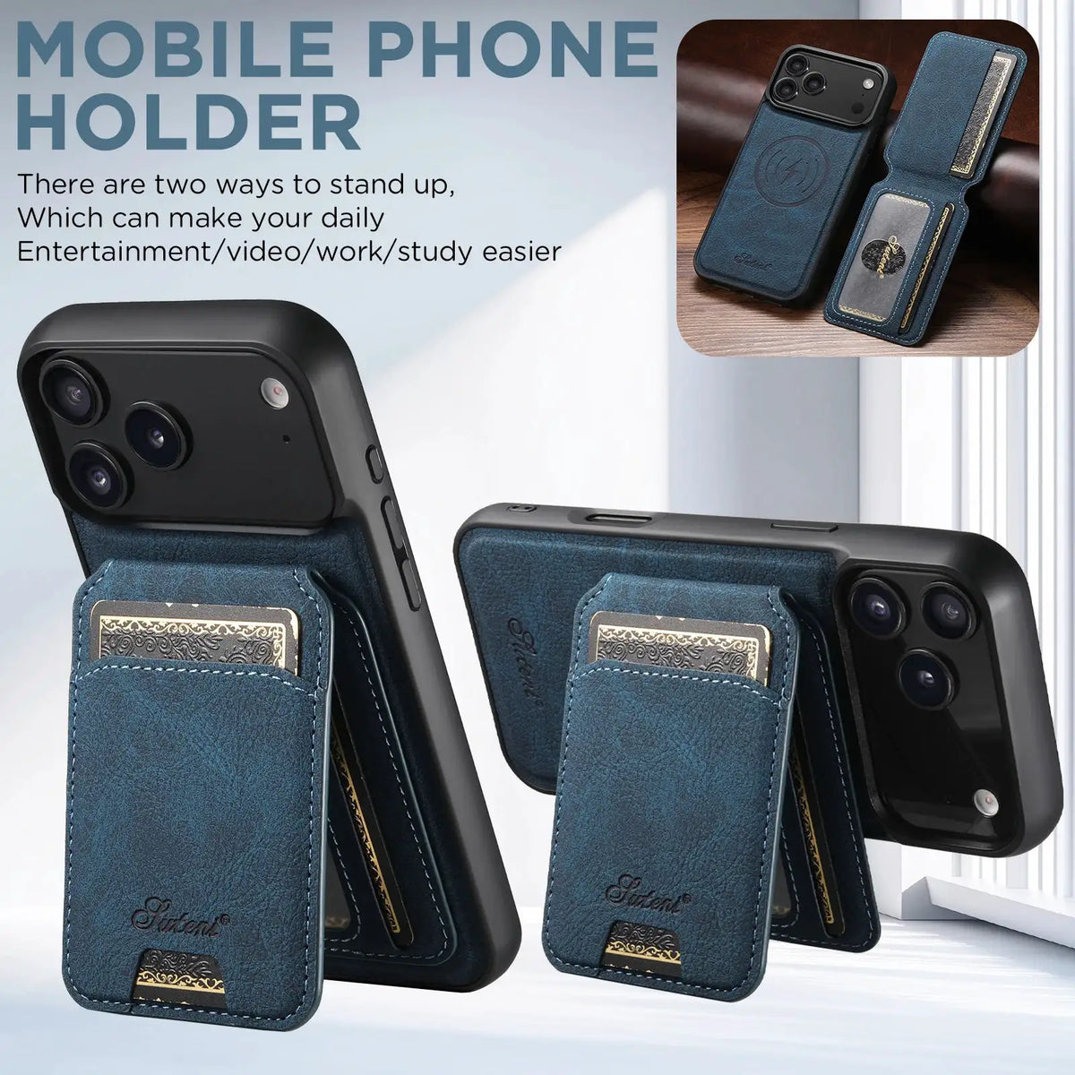 SUTENI Wireless Charging Phone Case Magnet Card Holder Stand Faux Leather For iPhone 18 Pro Max 17 Air 16 Plus 15 14 13 12