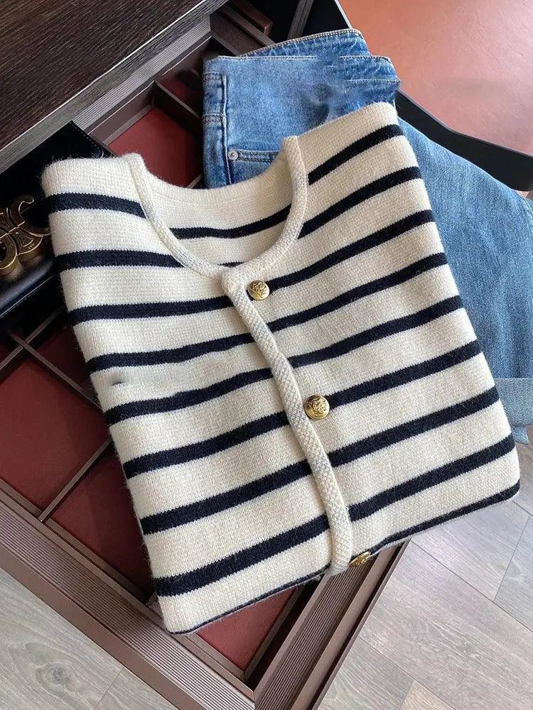 Striped Knit Cardigan For Women Stylish O Neck Sweater