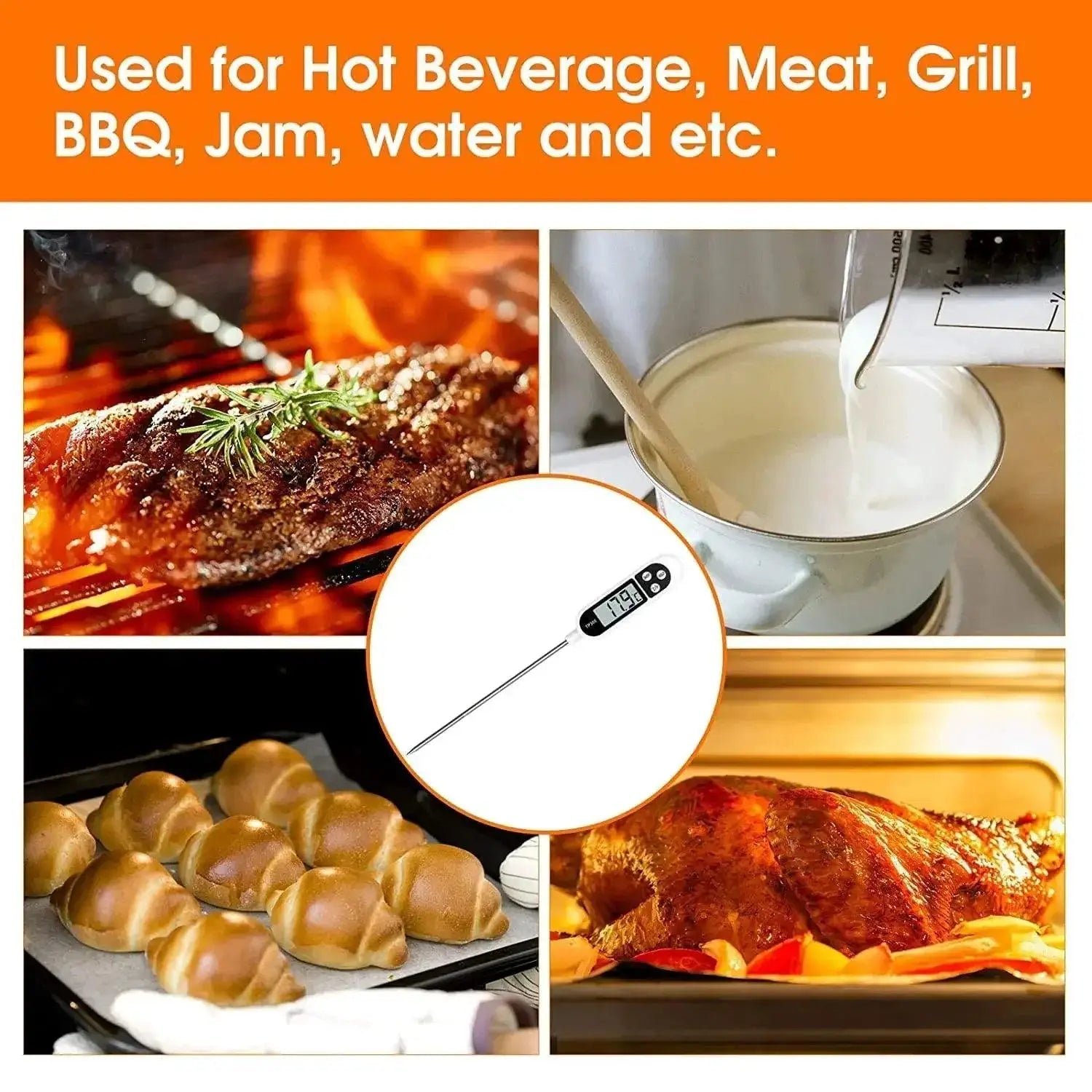 Meat Thermometer Quick Read Long Probe Auto Off LCD Kitchen