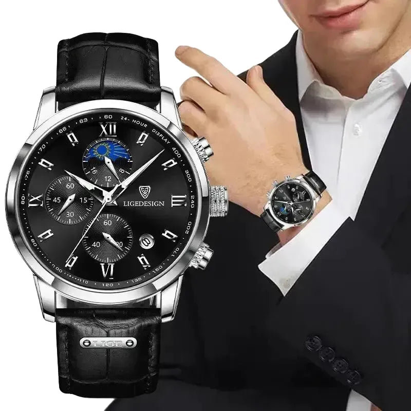 Chronograph Leather Watch for Men Quartz — 9866-silver balck