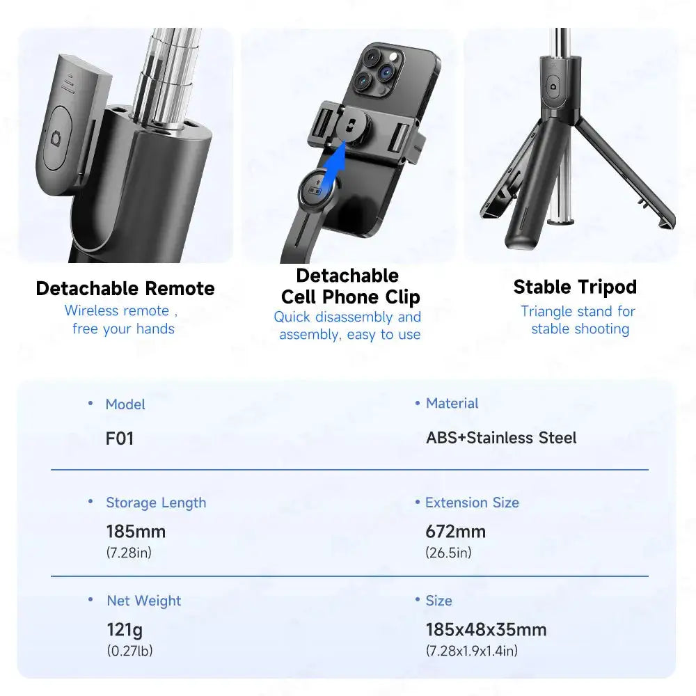 Selfie Stick Tripod with Detachable Bluetooth Remote, 360° Rotation,Extendable Pole, Fill Light Option, for iPhone Android Phone