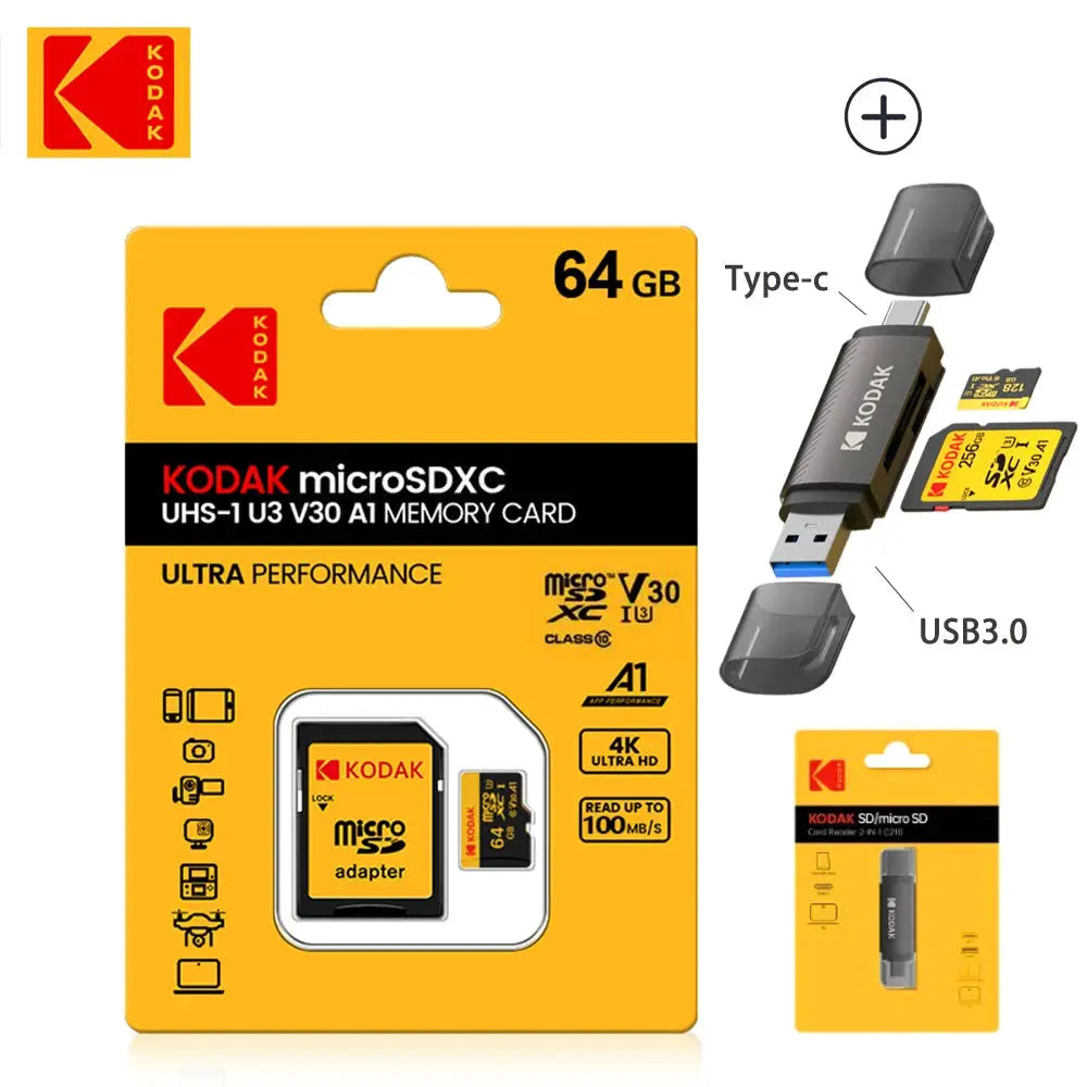 KODAK 100% Original Micro SD Card 16GB 32GB 64GB 128GB 256GB Microsd Memory Card Class10 SDXC U3 4K TF Card for Drone Phone