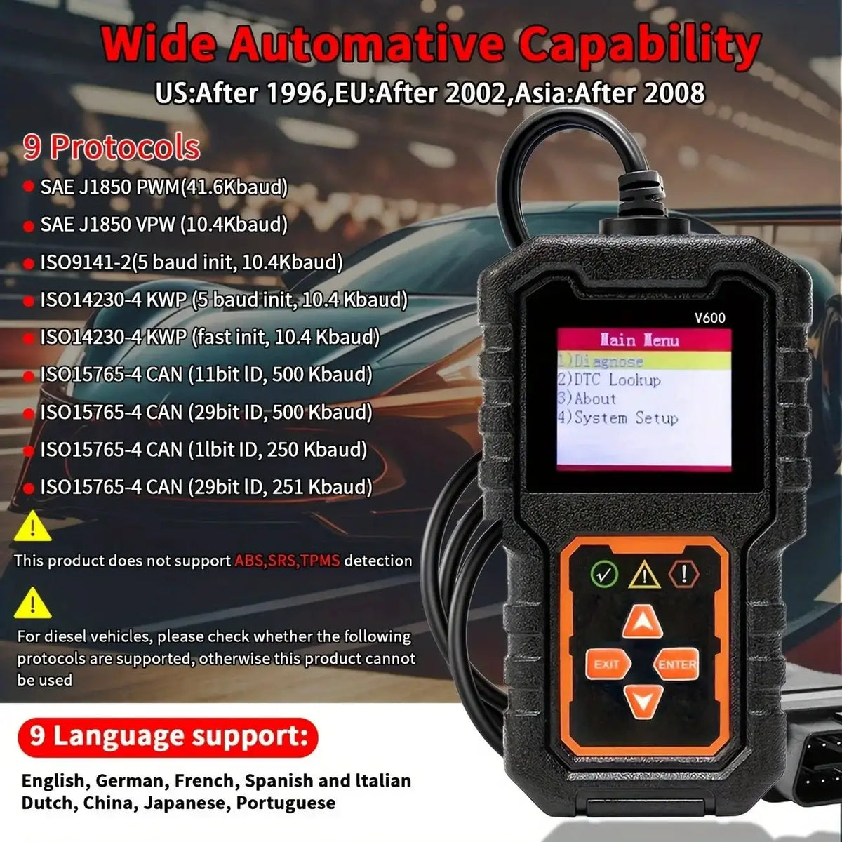V600 OBD2 Diagnostic Scanner Car Code Reader Vehicle Health Inspection Tool Auto Code Reader Scanner