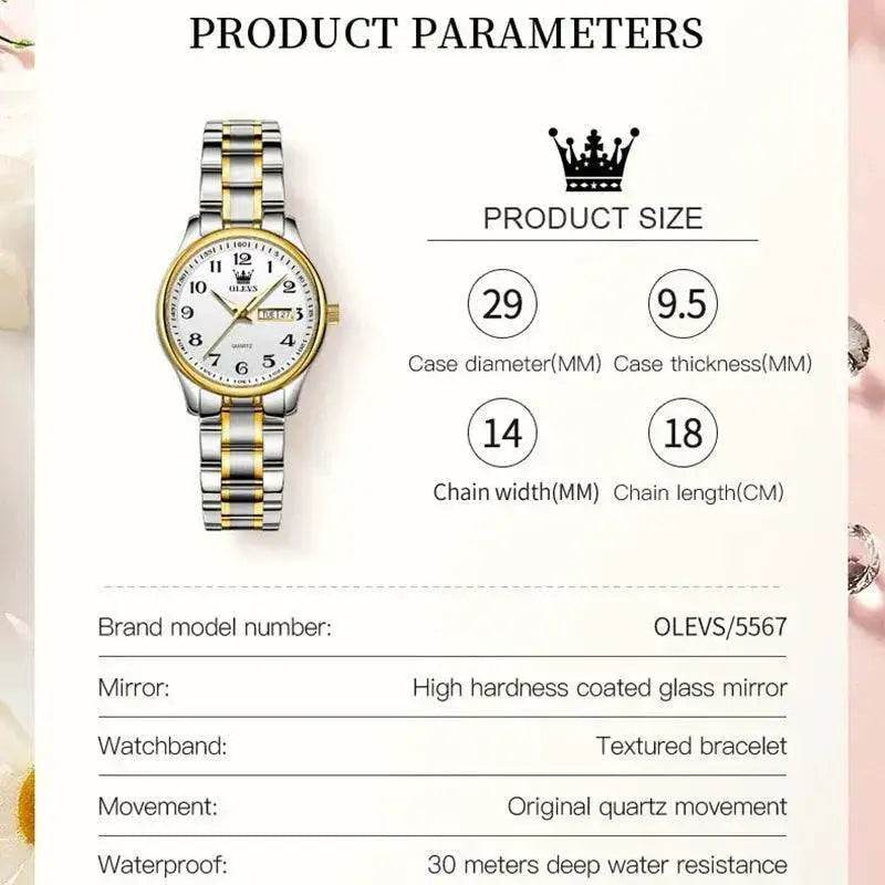 Elegant Gold Quartz Watch For Women With Day Date Feature