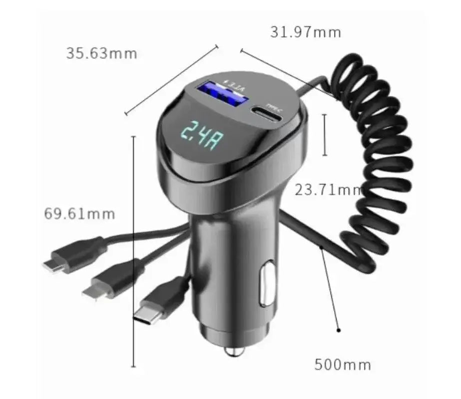Car Charger Dual Ports Voltage Display Retractable USB Cable