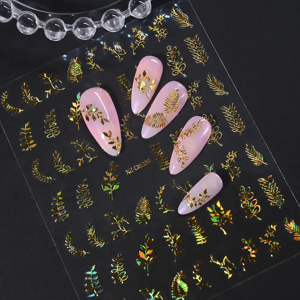 12pcs Metal Simple Leaf Nail Stickers 3D Gold Leaves Flower Bronzing Self-Adhesive Slider Nail Decals DIY Manicure Decoration