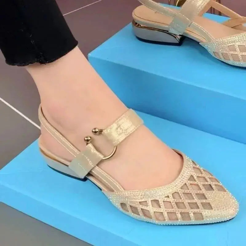 Womens Pointed Toe Heeled Sandals Retro Summer Chunky Heel