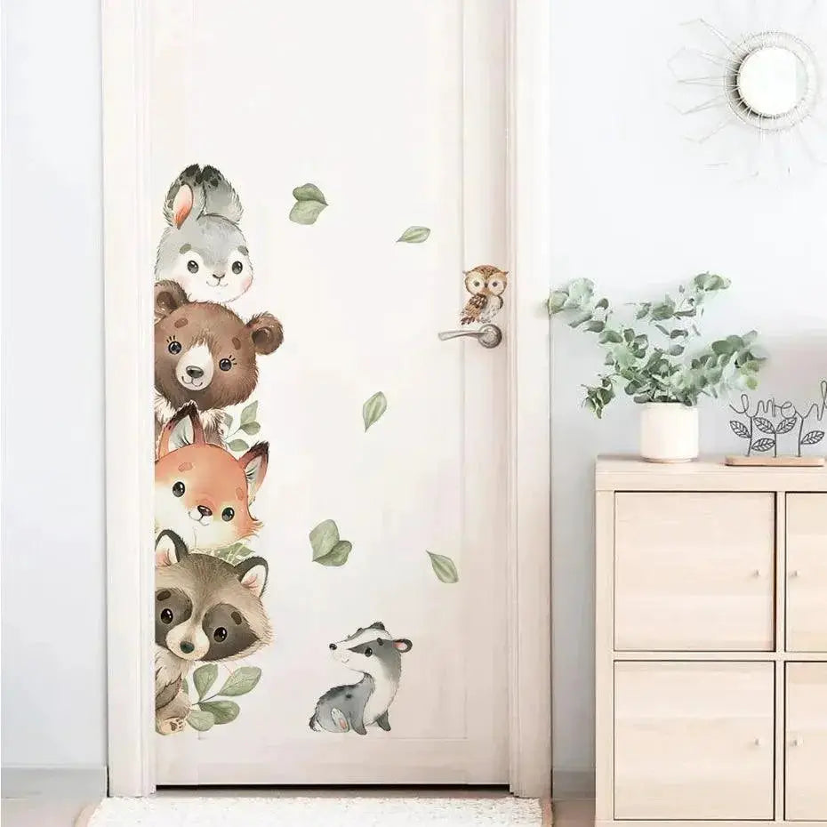 Forest Animals Cartoon Door Sticker Watercolor Decor Kids
