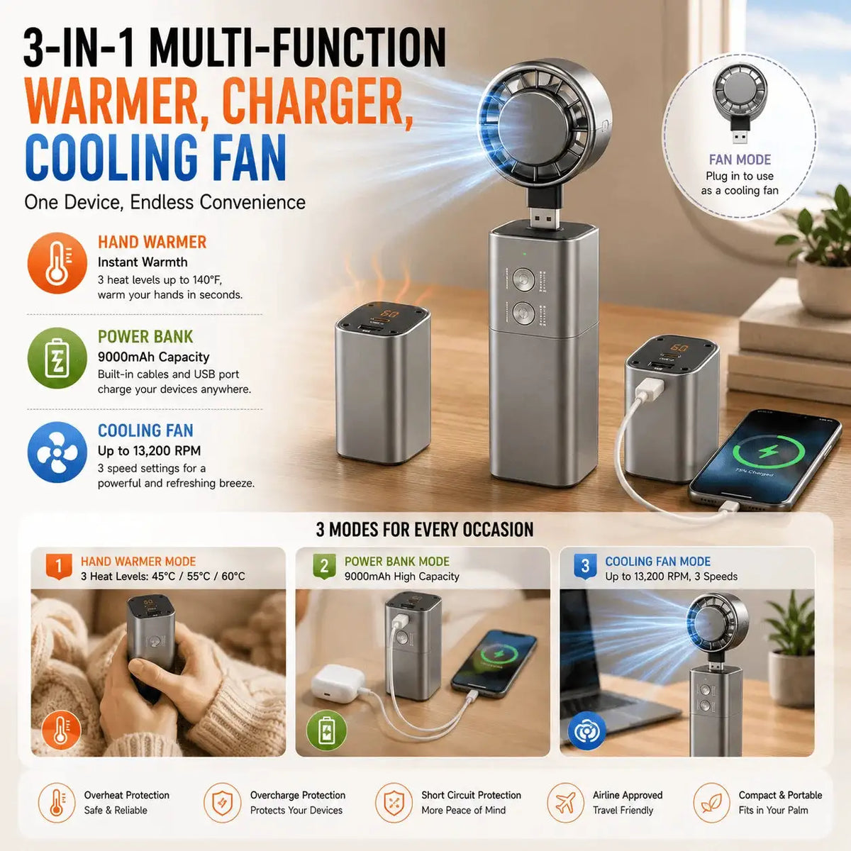 Portable Hand Warmer Fan With Power Bank — product image 7