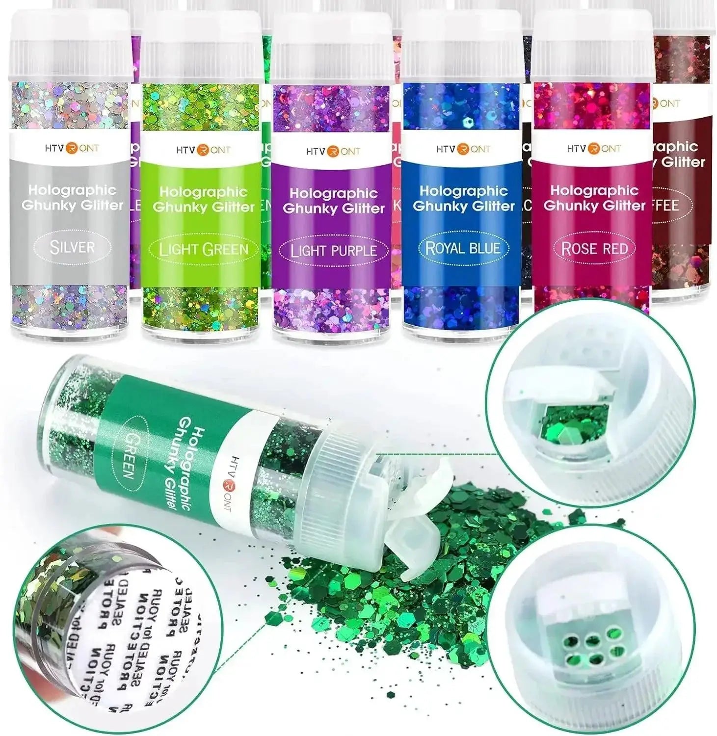 HTVRONT 150g 15 Color Holographic Chunky Glitter Powder Set