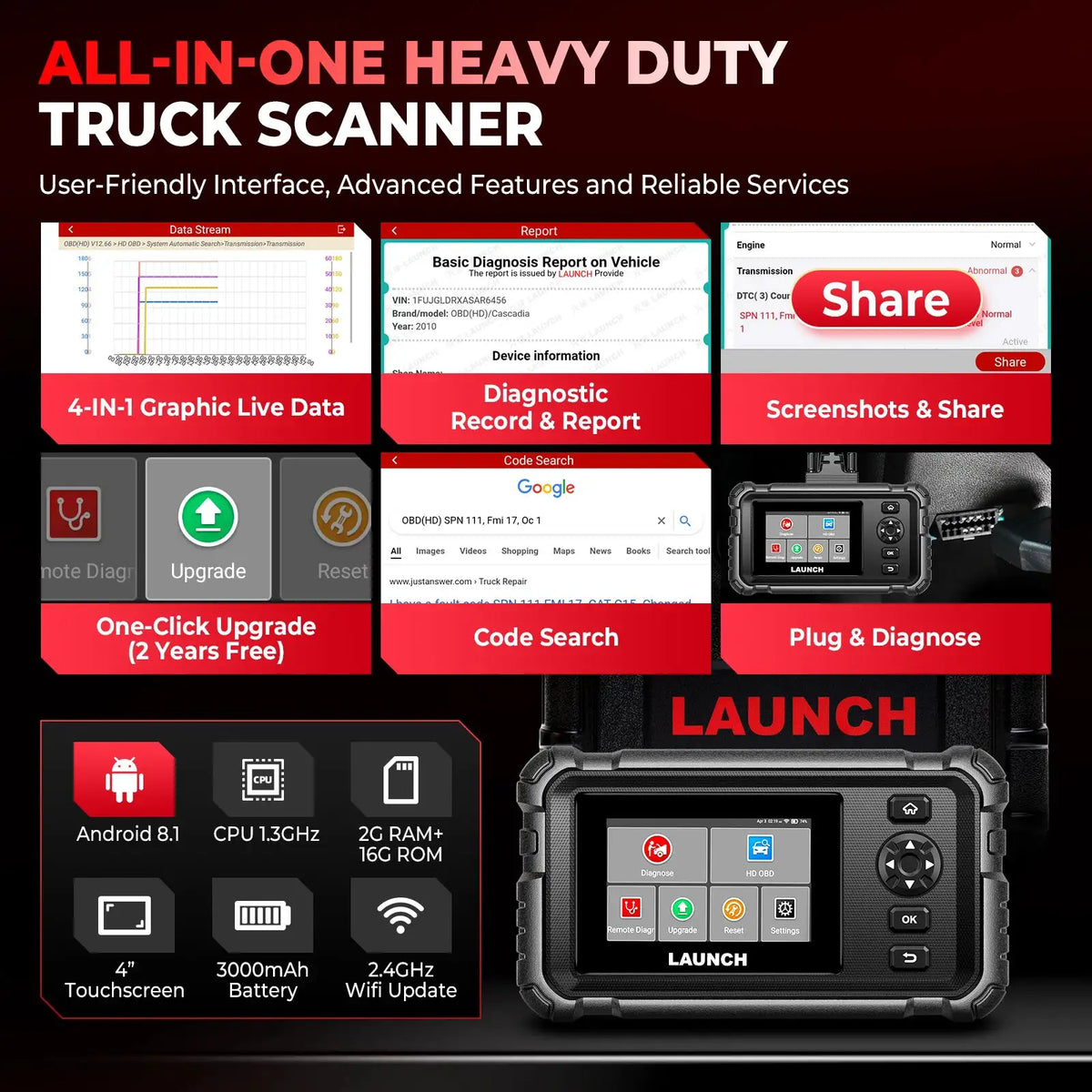 LAUNCH CRP129HDV2.0 Heavy Duty Diagnostic Tool 24V Trucks Scanner Diesel Truck Diagnost Scan 2 Years Free Update