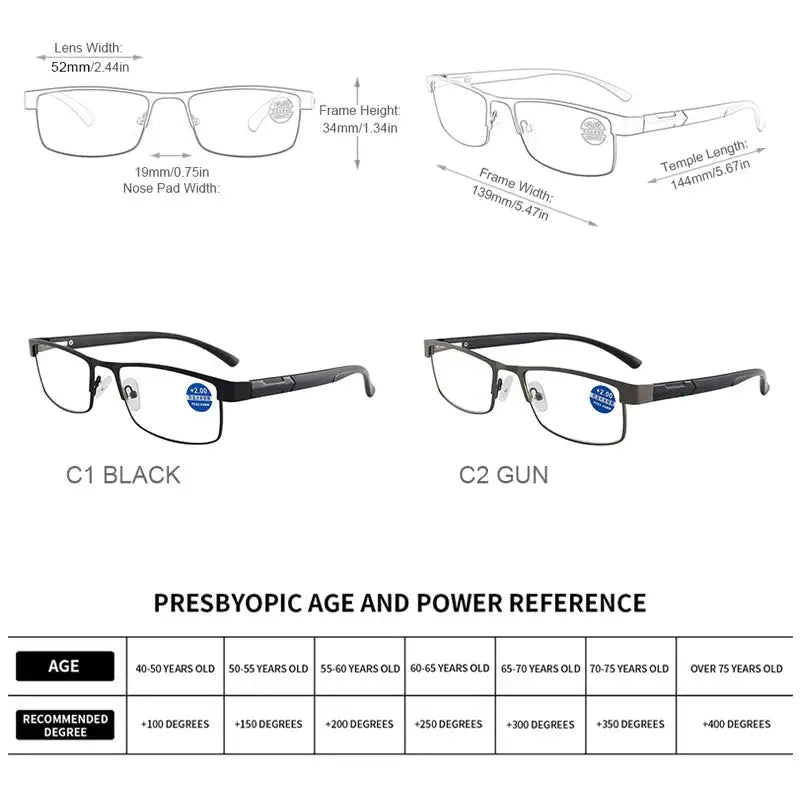 Stainless Steel Reading Glasses Men Business Presbyopic Glasses Male Anti Blue Light Eyeglasses +1.0 1.5 2.0 2.5 3 3.5 4.0
