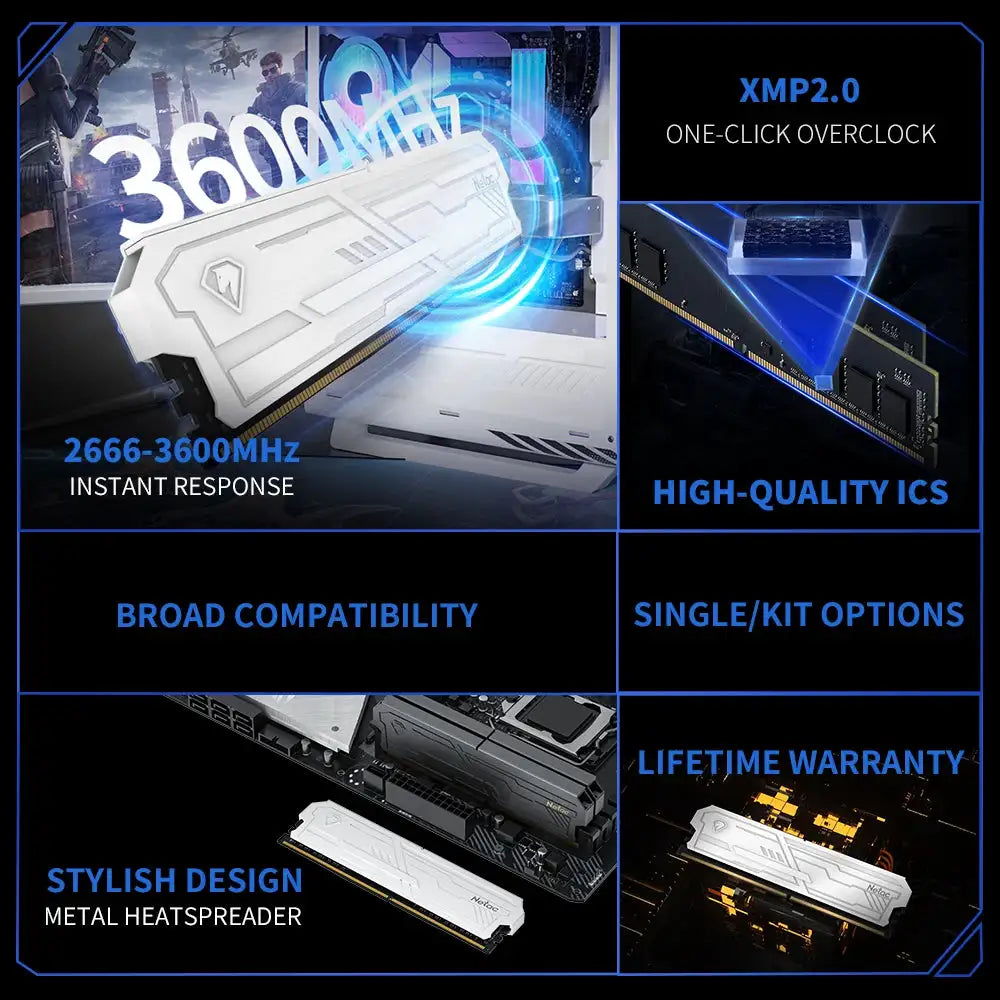 Netac DDR4 Ram Memory 8G 16G DDR4 3200MHz 3600MHz 8GX2 16GX2 Shadow Ill UDIMM DDR4 1.35V XMP2.0 with Metal HeatSink for Desktop