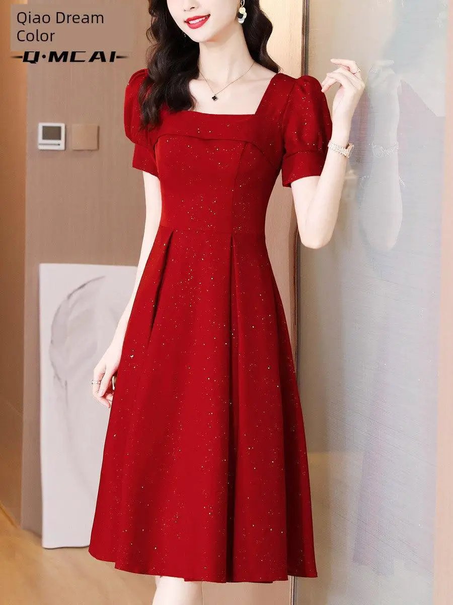 Elegant Summer Dress High Waist Flare Square Neck Glam